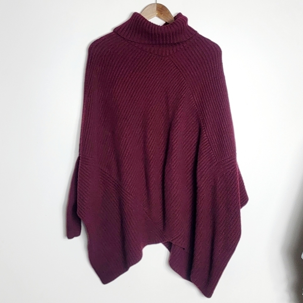 Sweater Poncho Cap Ribbed Chunky Knit Turtle Neck Burgundy Women's OS